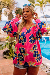 Rose Floral Pattern V Neck Balloon Sleeve Plus Size Blouse Plus Size Blouses & Shirts JT's Designer Fashion