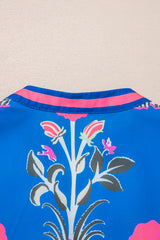 Blue Floral Print Contrast Striped Trim Notched Neck Long Sleeve Blouse Blouses & Shirts JT's Designer Fashion