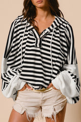 Black white Oversized Striped Henley Buttons Dolman Sleeve Hooded Top Long Sleeve Tops JT's Designer Fashion