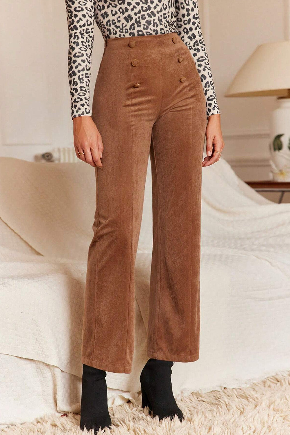 Chestnut Solid Color Double Breasted Straight Leg Pants Pants & Culotte JT's Designer Fashion