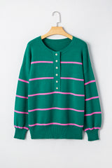 Green Stripe Half Buttons Drop Shoulder Oversized Sweater Sweaters JT's Designer Fashion