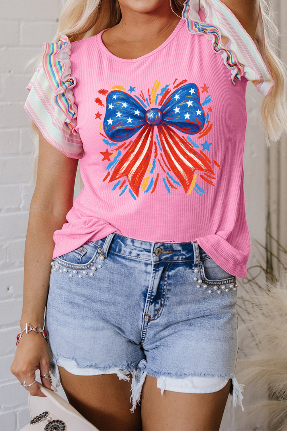 Bonbon Independence Celebration Bowknot Graphic Ruffled Sleeve Ribbed Summer Top Graphic Tees JT's Designer Fashion
