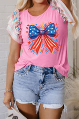 Bonbon Independence Celebration Bowknot Graphic Ruffled Sleeve Ribbed Summer Top Graphic Tees JT's Designer Fashion