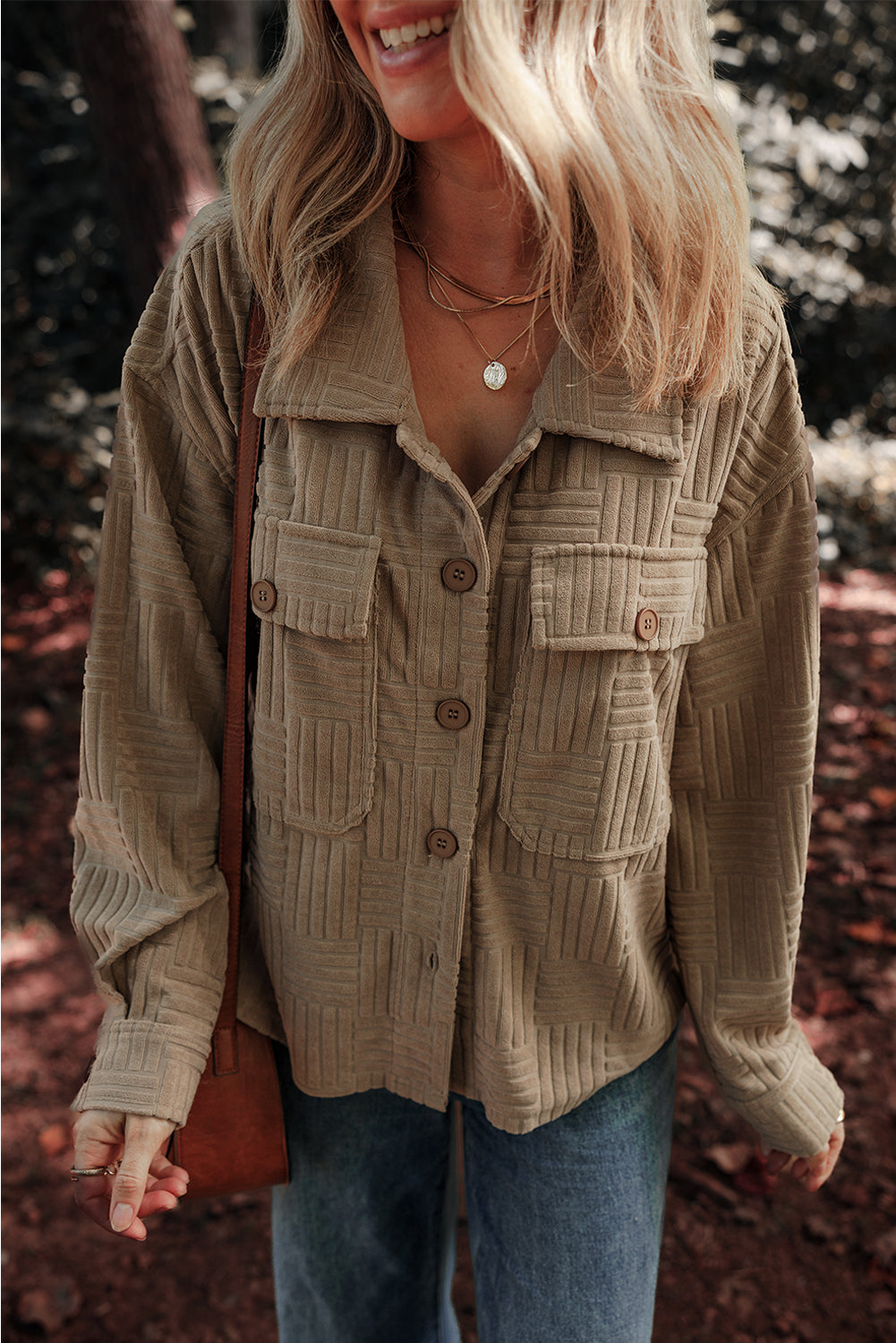 Dark Khaki Textured Chest Pocket Button-up Shacket Dark Khaki 100%Polyester Jackets JT's Designer Fashion