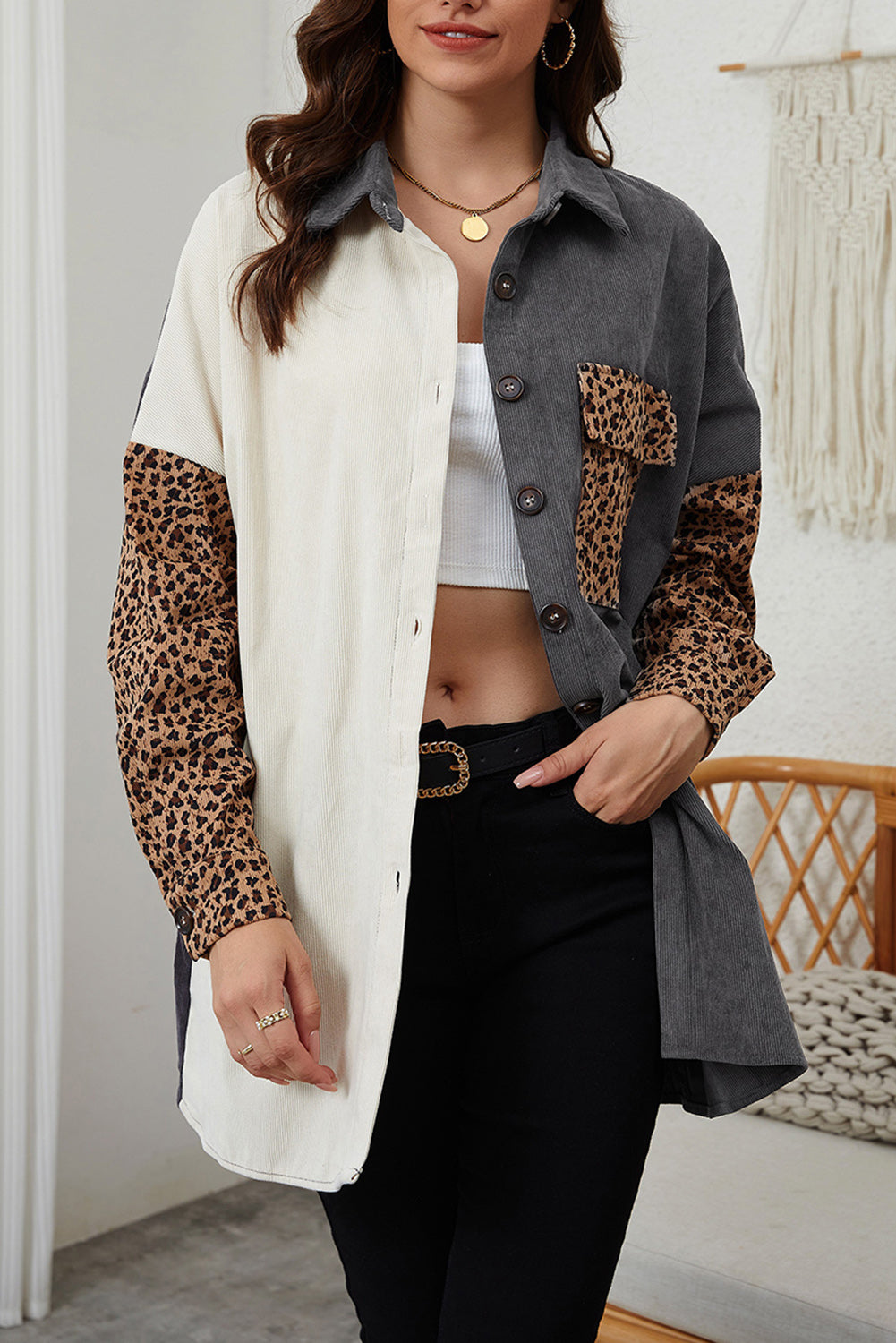 Gray Color Block Leopard Patched Corduroy Shacket Jackets JT's Designer Fashion
