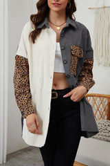Gray Color Block Leopard Patched Corduroy Shacket Jackets JT's Designer Fashion