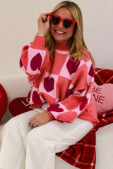 Pink Plus Size Love Heart Block Mock Neck Lantern Sleeve Valentine Sweater Plus Size Sweaters & Cardigans JT's Designer Fashion