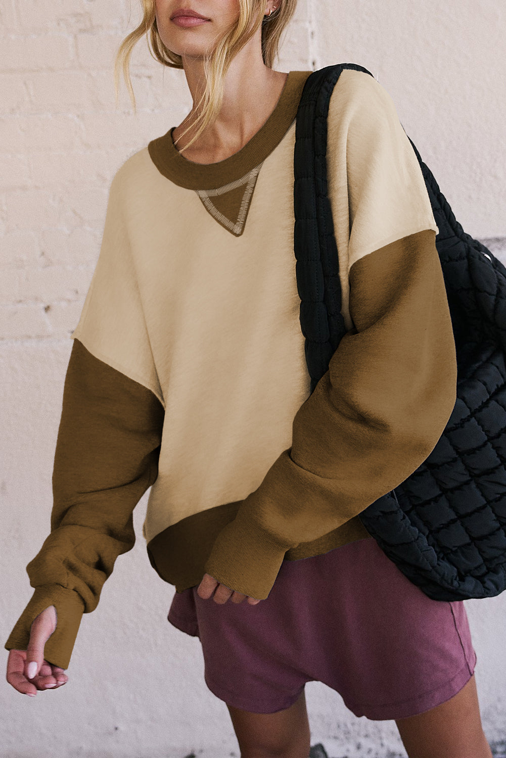 Apricot Color Block Thumbhole Sleeve Drop Shoulder Sweatshirt Sweatshirts & Hoodies JT's Designer Fashion