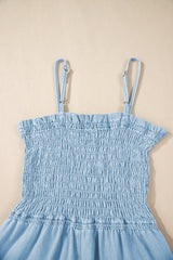 Beau Blue Spaghetti Strap Smocked Denim Romper Jumpsuits & Rompers JT's Designer Fashion