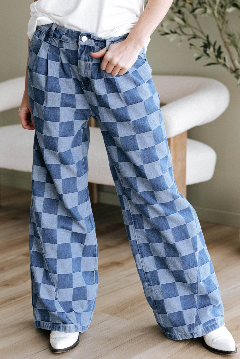Dusk Blue Checkered Denim Wide Leg Jeans Jeans JT's Designer Fashion