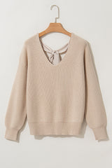 Apricot Lantern Sleeve V Neck Knot Back Sweater Sweaters JT's Designer Fashion