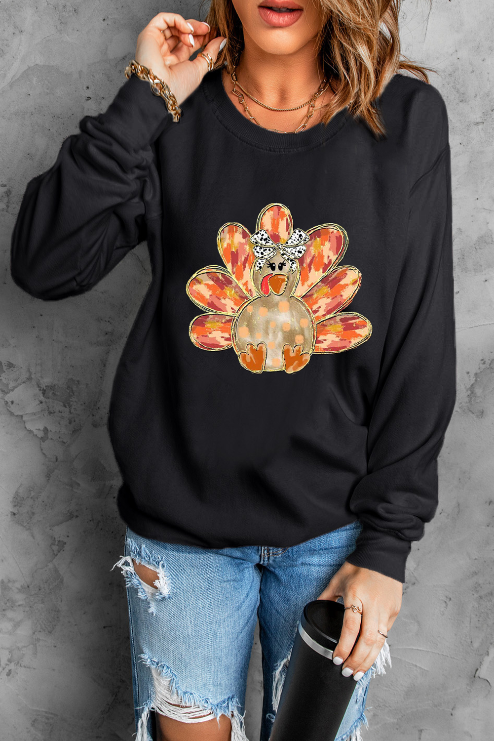 Black Thanksgiving Turkey Graphic Drop Shoulder Sweatshirt Graphic Sweatshirts JT's Designer Fashion