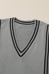Gray V Neck Contrast Stripes Trims Short Sleeve Sweater Sweaters & Cardigans JT's Designer Fashion
