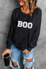 Black Chenille BOO Patched Pattern Crewneck Halloween Sweatshirt Graphic Sweatshirts JT's Designer Fashion