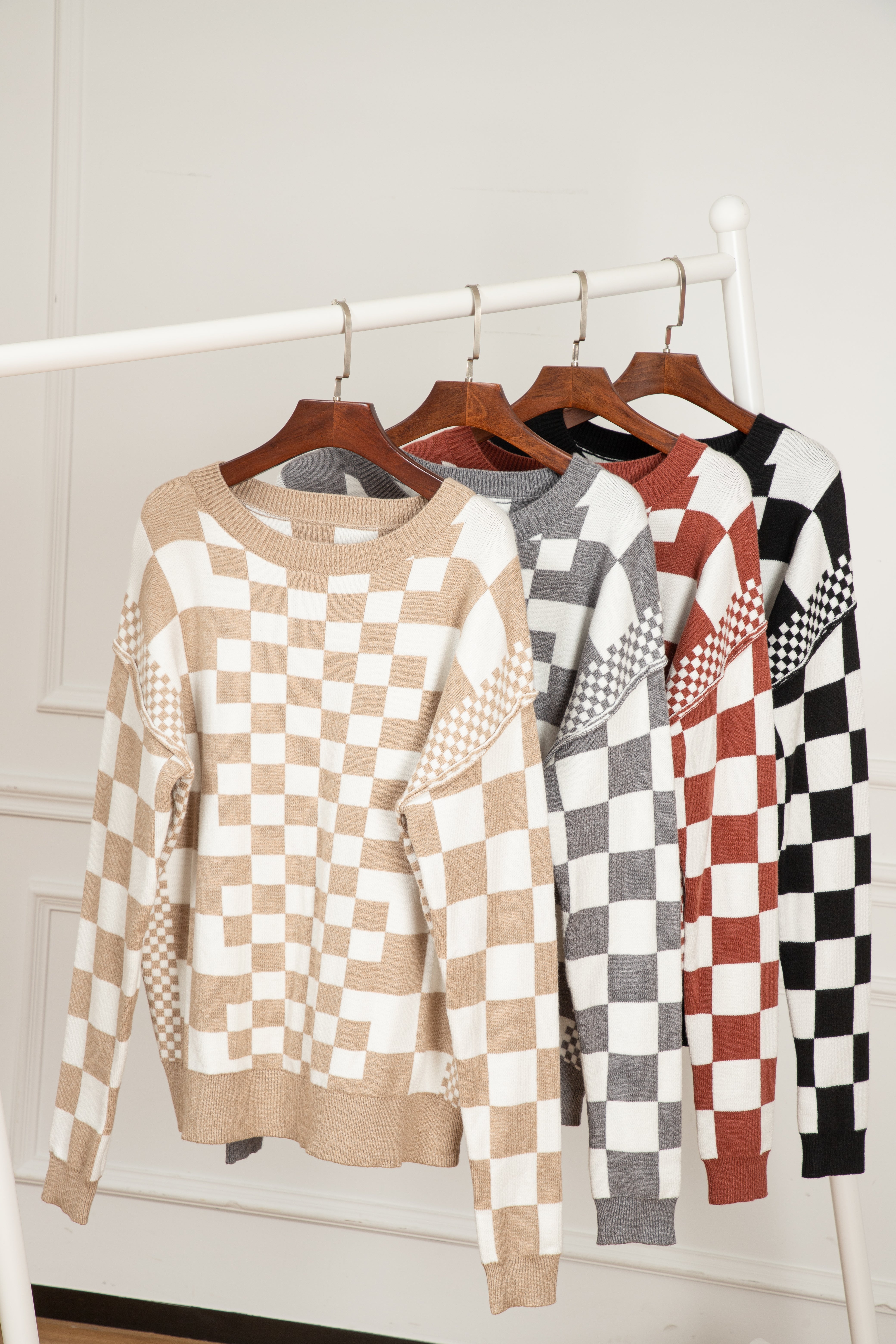 Brown Checkered Print Drop Shoulder Round Neck Sweater Sweaters JT's Designer Fashion
