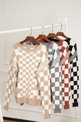 Brown Checkered Print Drop Shoulder Round Neck Sweater Sweaters JT's Designer Fashion