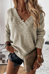 Gray V neck Drop Shoulder Knitted Sweater Sweaters & Cardigans JT's Designer Fashion