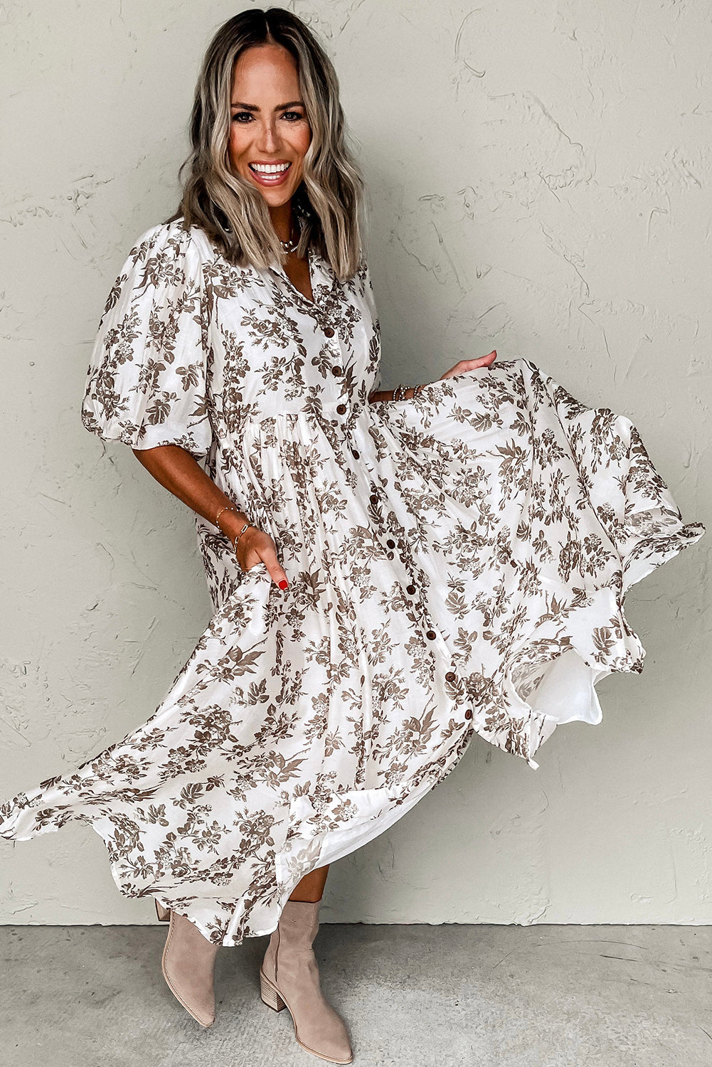 Khaki Floral Puff Sleeve V Neck Buttoned Front Long Dress Maxi Dresses JT's Designer Fashion