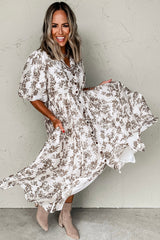 Khaki Floral Puff Sleeve V Neck Buttoned Front Long Dress Maxi Dresses JT's Designer Fashion