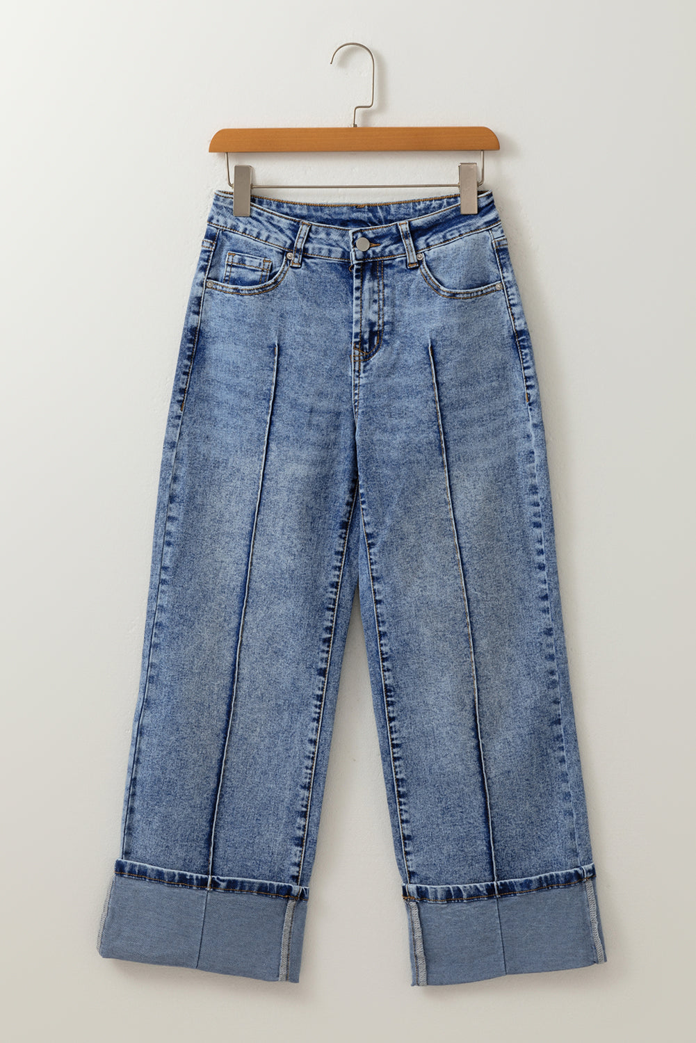 Myosotis Center Seam Cuffed Hem Straight High Waist Jeans Jeans JT's Designer Fashion