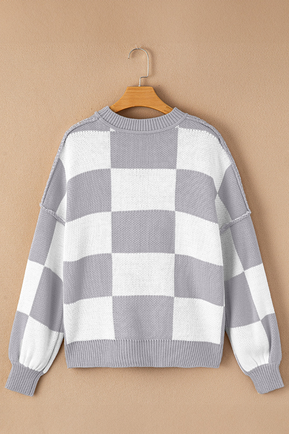 Gray Checkered Bishop Sleeve Sweater Sweaters JT's Designer Fashion