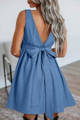 Myosotis Square Neck Pleated Waist V Cut Backless Tied Fit and Flare Dress Myosotis 60%Polyester+35%Viscose+5%Elastane JT's Designer Fashion