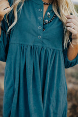 Blue Corduroy Snap Buttons Empire Waist Bracelet Sleeve Dress Mini Dresses JT's Designer Fashion