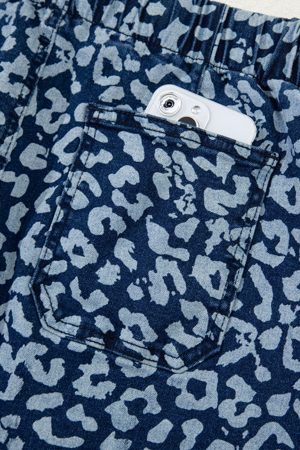Blue Leopard Printed Drawstring Elastic Waistband Pocketed Wide Leg Jeans Jeans JT's Designer Fashion