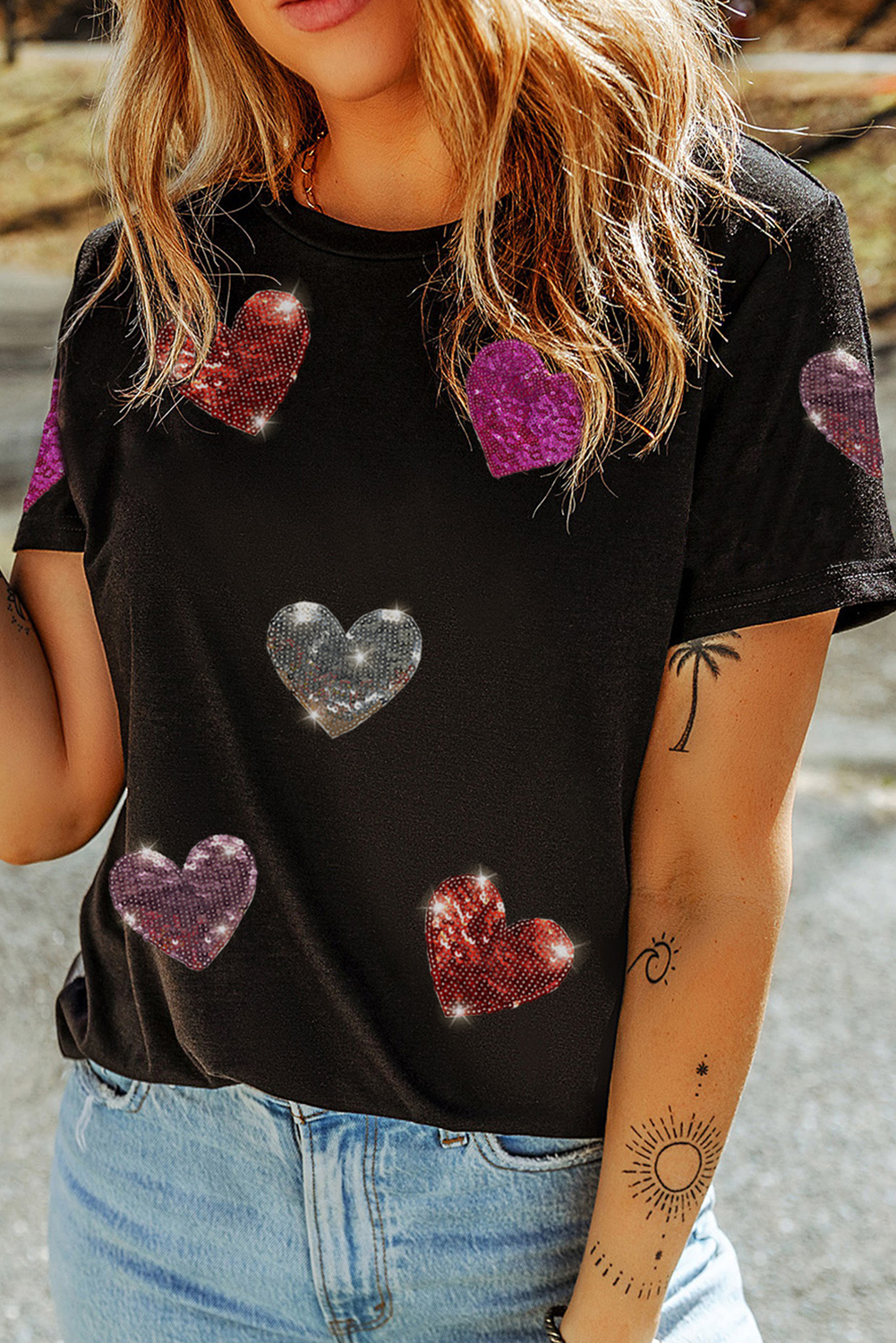 Black Sequin Heart Patched Pattern Crewneck Valentines Tee Graphic Tees JT's Designer Fashion