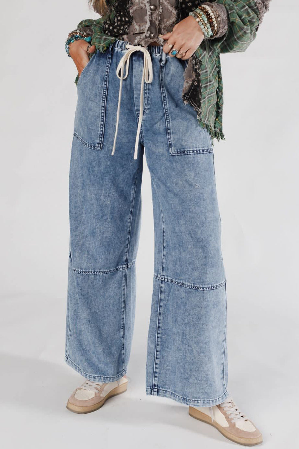 Ashleigh Blue Acid Wash Exposed Seam Drawstring Elastic Waistband Jeans Jeans JT's Designer Fashion