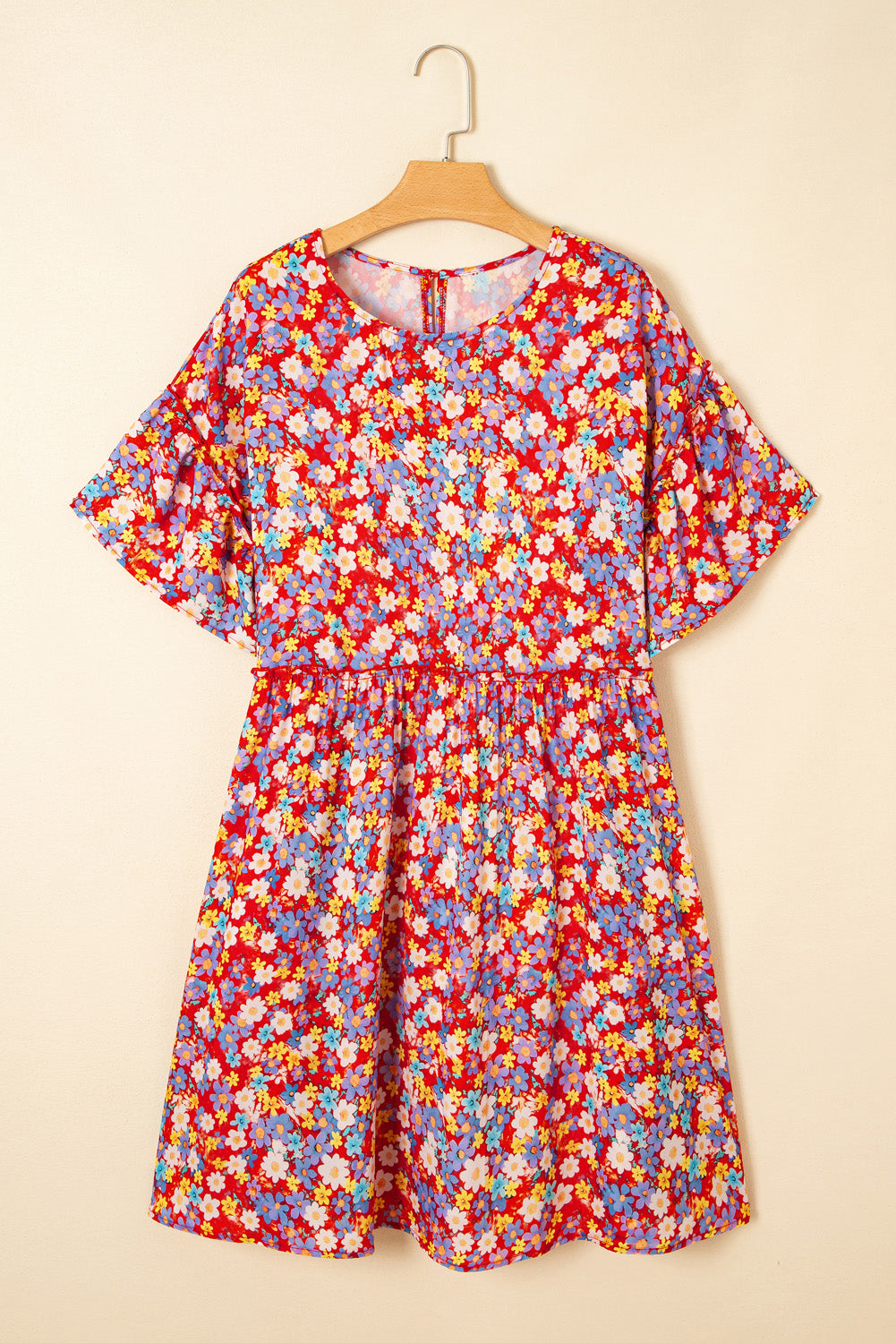 Red Dainty Flower Printed Plus Size Short Sleeve Shift Dress Plus Size Mini Dresses JT's Designer Fashion