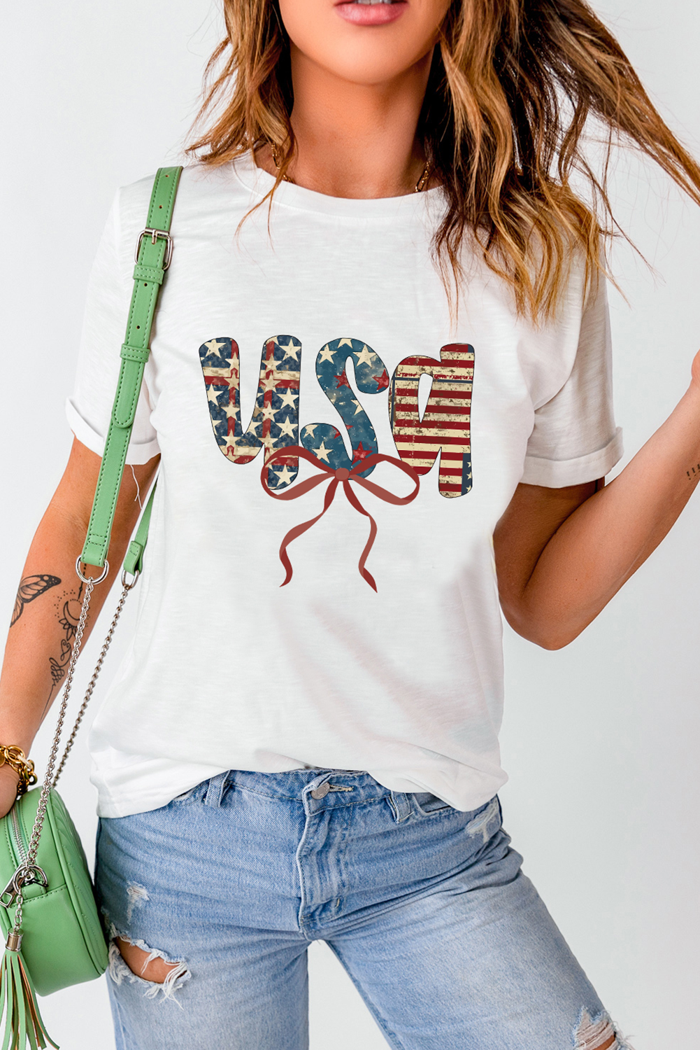 White usa Bow Letter Graphic Independence Day Fashion Tee Graphic Tees JT's Designer Fashion