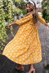 Yellow Flower Print Bracelet Sleeve Buttons Collared Long Dress Maxi Dresses JT's Designer Fashion
