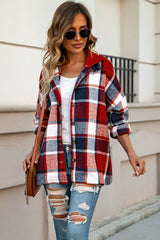 Fiery Red Hooded Plaid Button Front Shacket Plaid Shackets JT's Designer Fashion