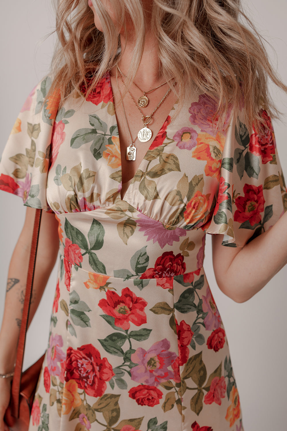 Multicolour Vintage Floral V Neck Short Sleeve Tie Back Long Slit Dress Floral Dresses JT's Designer Fashion