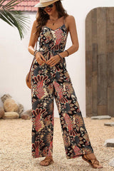 Black Floral Print Belted Sleeveless Wide Leg Jumpsuit Jumpsuits & Rompers JT's Designer Fashion