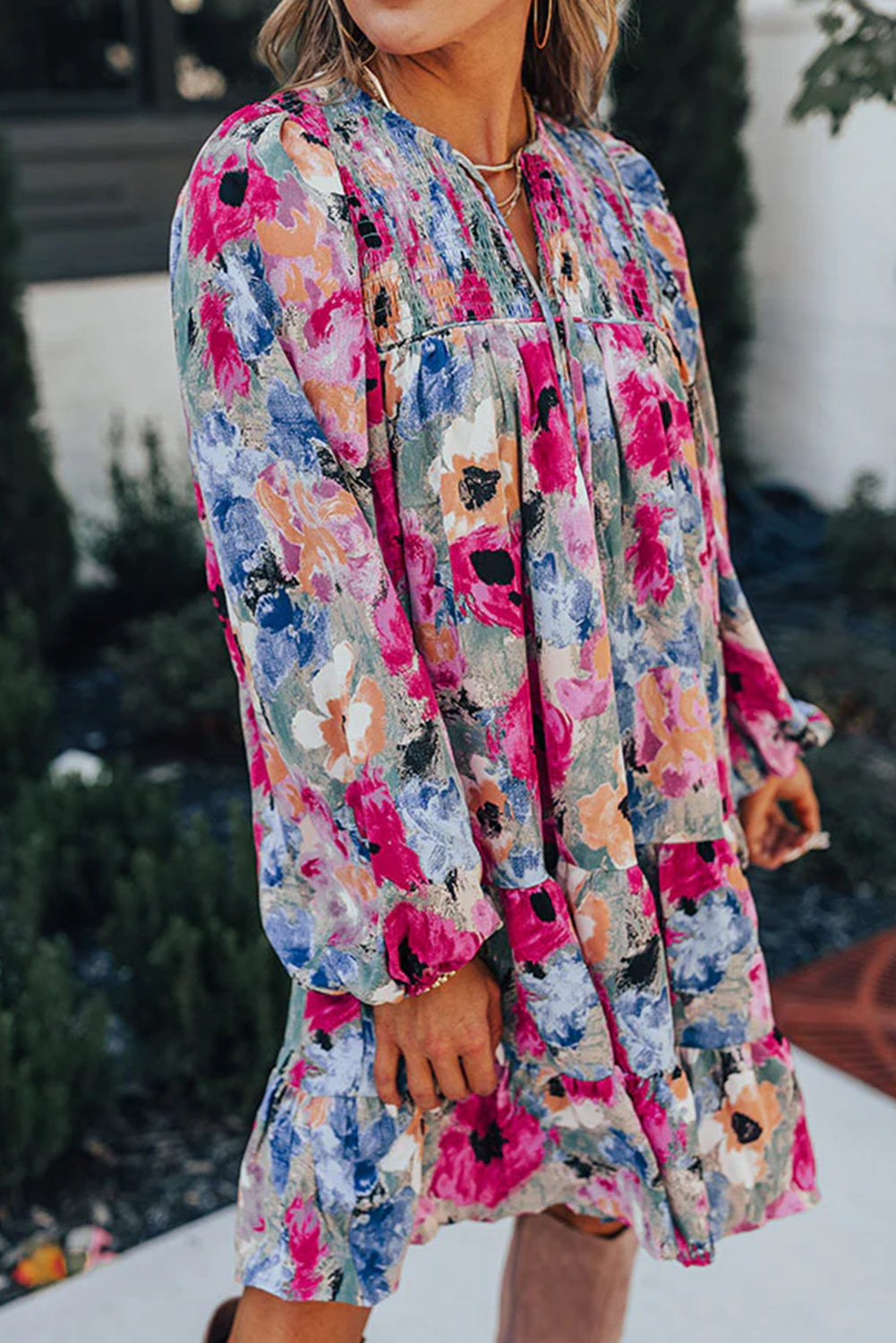 Multicolour Floral Tie Neck Bubble Sleeve Shift Dress Floral Dresses JT's Designer Fashion
