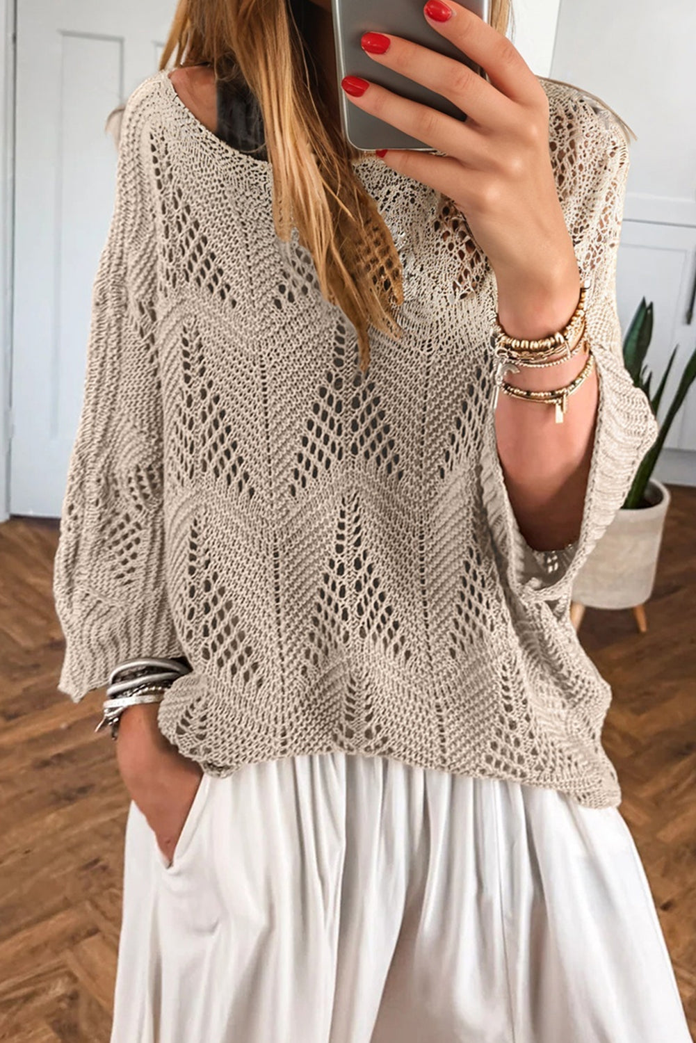 Parchment Hollow Out Knit 7/8 Sleeve Casual Sweater Parchment 100%Acrylic Sweaters JT's Designer Fashion