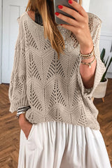 Parchment Hollow Out Knit 7/8 Sleeve Casual Sweater Parchment 100%Acrylic Sweaters JT's Designer Fashion
