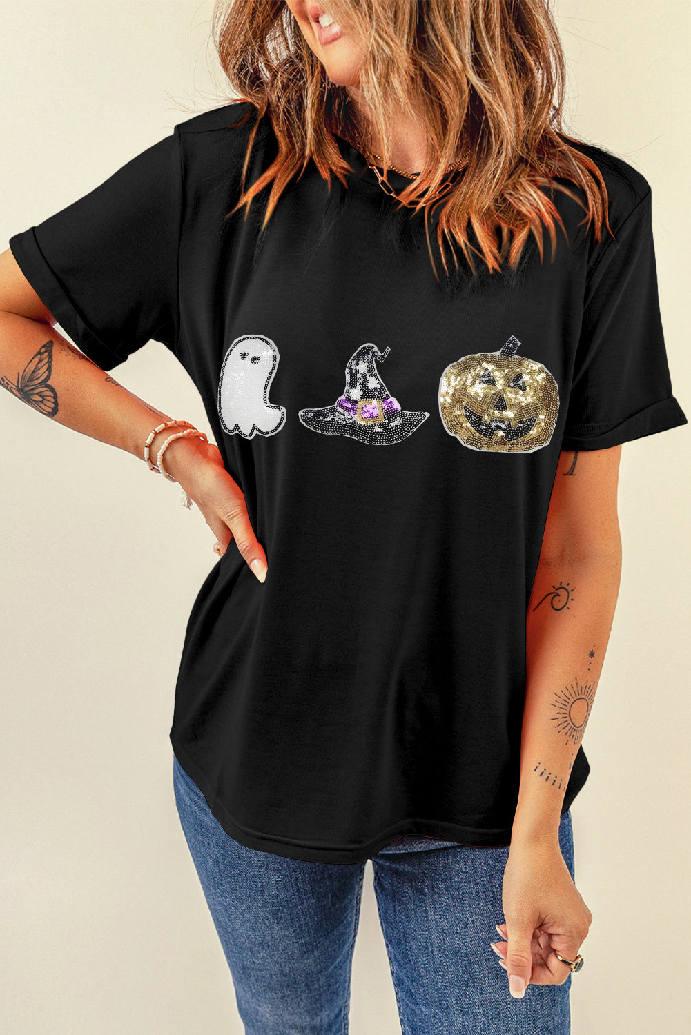 Black Halloween Sequin Pattern Patched Crewneck Tee Graphic Tees JT's Designer Fashion