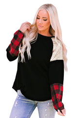 Black Crewneck Lantern Sleeve Plaid Sequin Splicing Blouse Long Sleeve Tops JT's Designer Fashion