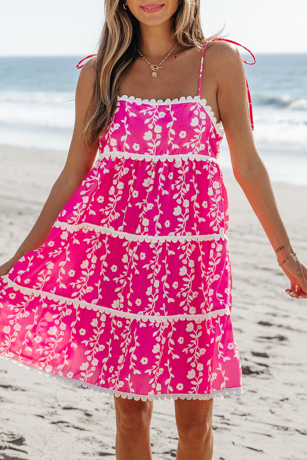Pink Floral Print Ric Rac Patched Sleeveless Mini Dress Floral Dresses JT's Designer Fashion