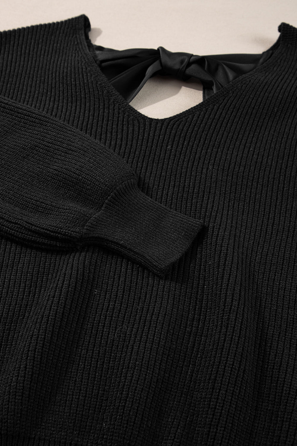 Black Lantern Sleeve V Neck Knot Back Sweater Sweaters JT's Designer Fashion