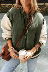 Mist Green Corduroy Fleece Patchwork Buttoned Bomber Jacket Mist Green 100%Polyester Jackets JT's Designer Fashion