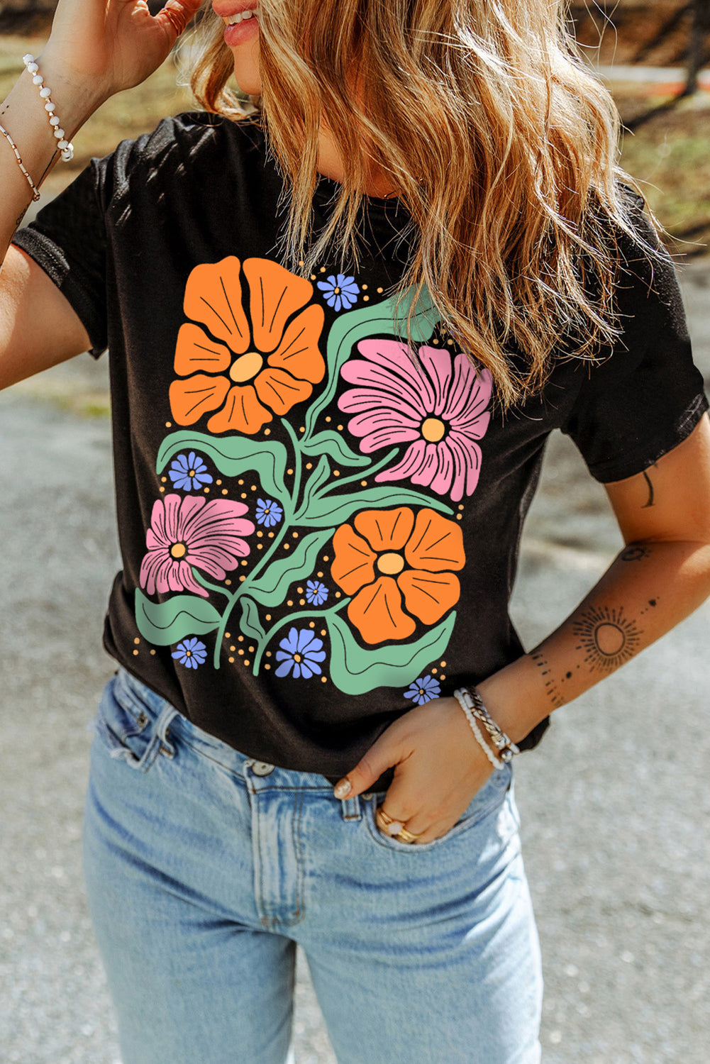 Black Colorful Flower Graphic Crewneck Summer Tee Graphic Tees JT's Designer Fashion