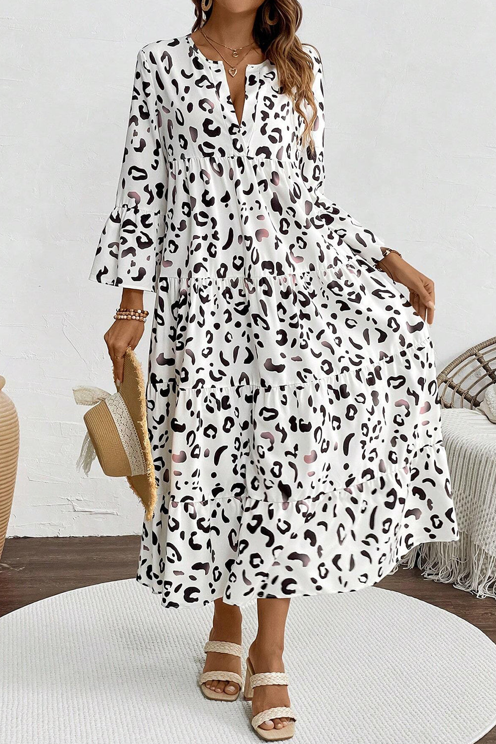 White Leopard Print Notch V Neck Loose Fit Long Dress Maxi Dresses JT's Designer Fashion