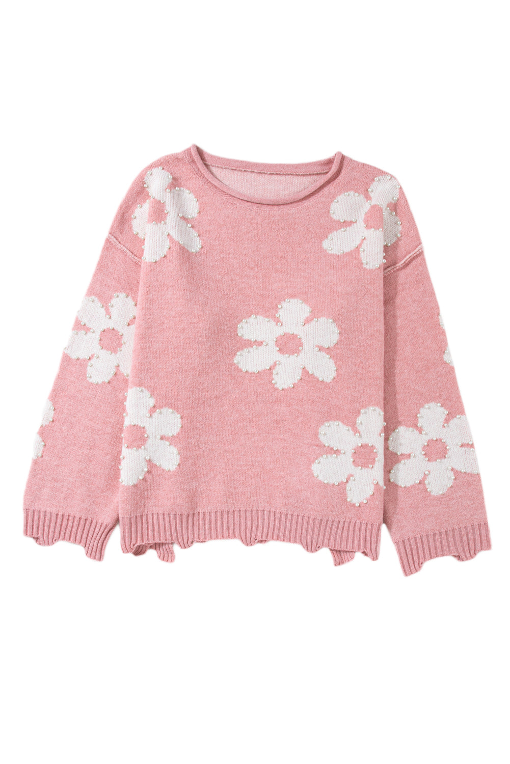 Multicolour Pearl Beaded Floral Drop Shoulder Sweater Sweaters JT's Designer Fashion