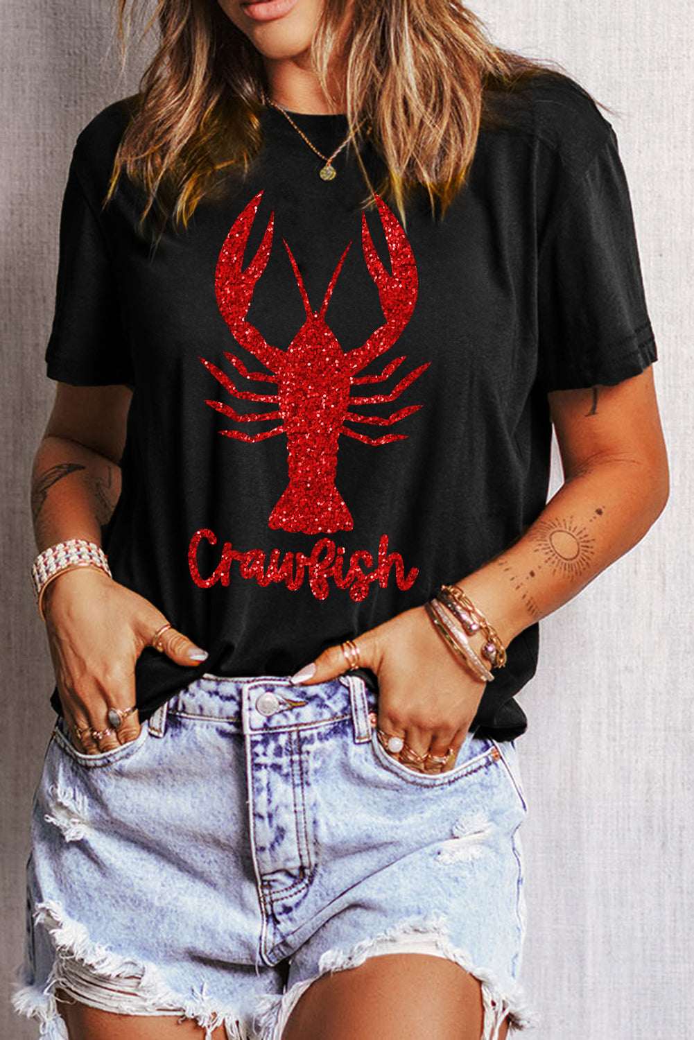 Black Shimmering Crawfish Graphic Tee Graphic Tees JT's Designer Fashion