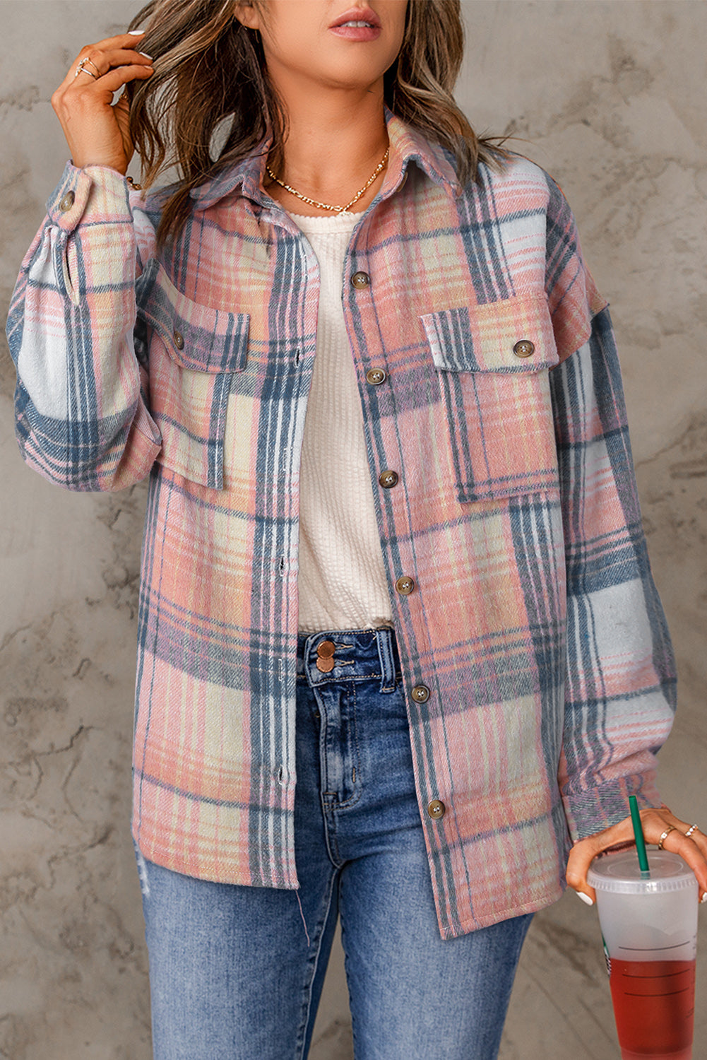 Pink Black/Pink Plaid Flap Pockets Shacket Plaid Shackets JT's Designer Fashion