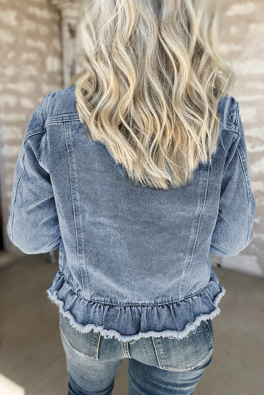 Beau Blue Ruffle Raw Hem Flap Pockets Denim Jacket Denim Jackets JT's Designer Fashion